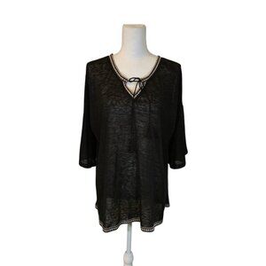 Cato Embroidered Top Women Size XL Black Semi Sheer Fringe Bohemian Casual